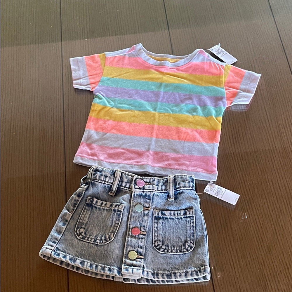 Old Navy Multicolor Striped Kids Tee and Denim Skirt Set